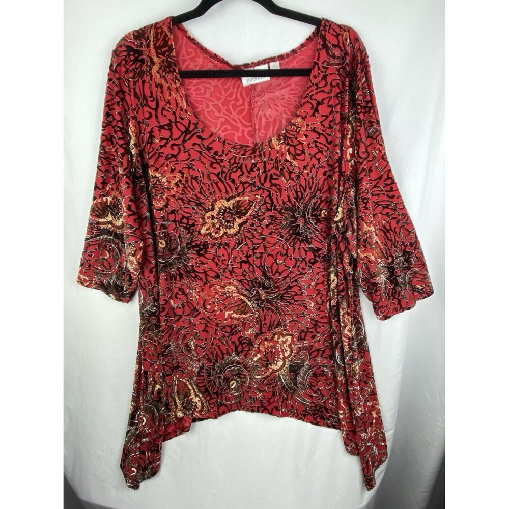 Avenue Velvet Burnout Tunic Top Womens 3X Red Multi Floral Dark Romantic Fairy